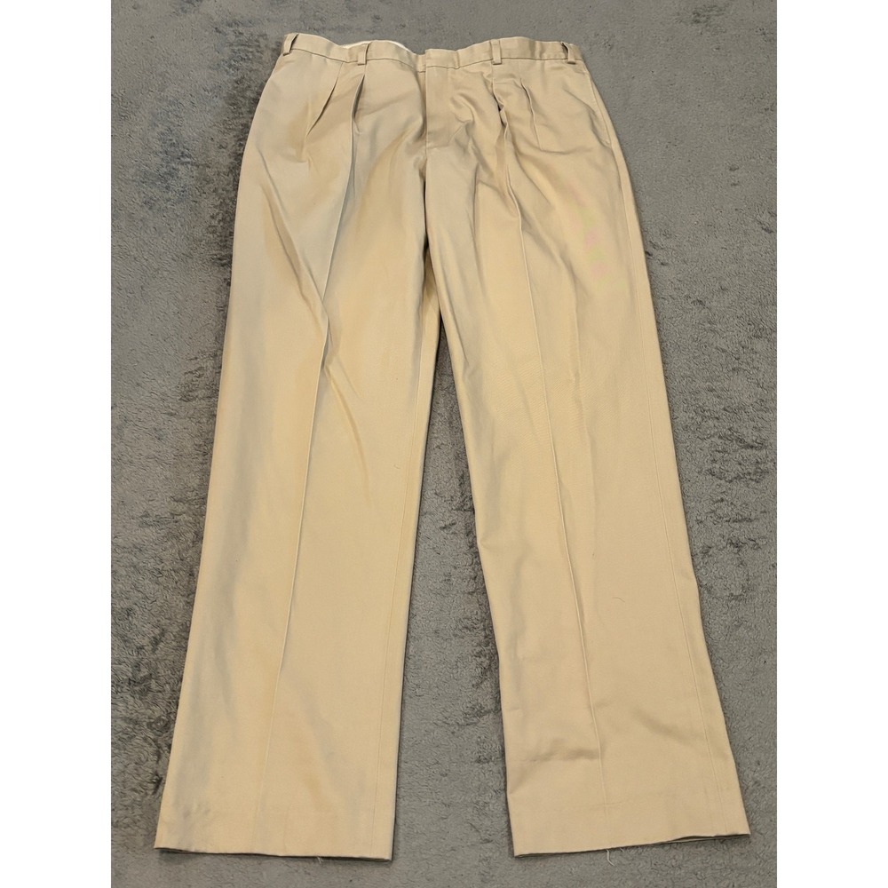 Mens Khaki Pleated Chino LL Bean Pants 100% Cotton Straight Leg Size 40 0 BTL1